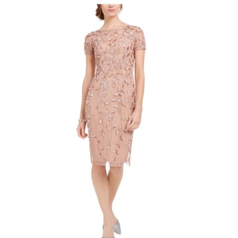 Adrianna Papell Rose Gold Beaded Floral Mesh Sheath Dress size 6